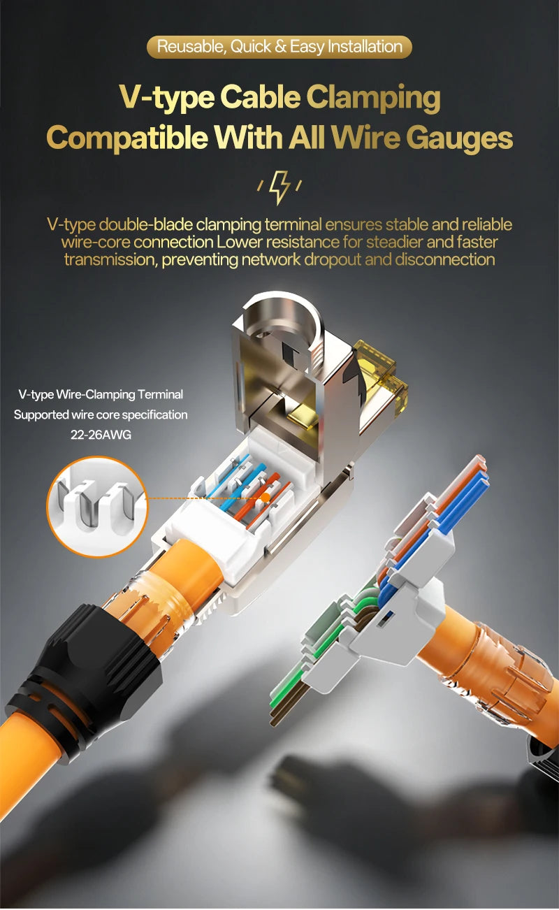 Cat7 Tool‑Free RJ45 Connector Shielded Reusable Field Termination Zinc‑Alloy No Crimp for CAT7 CAT6A STP Network Cabling Project