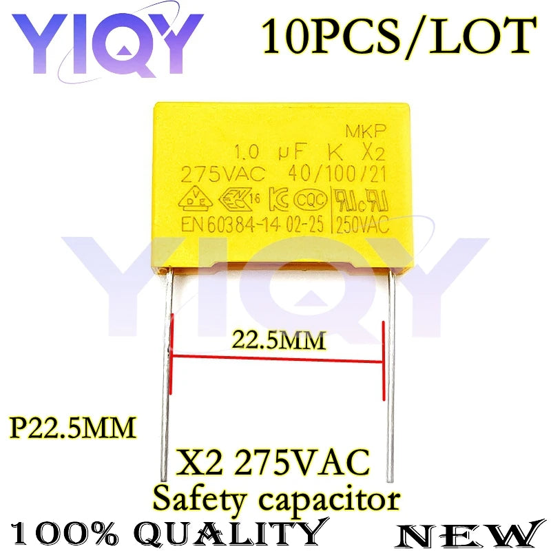 10PCS 275VAC X2 Safety capacitor 22.5MM 0.22UF 0.33UF 0.47UF 0.56UF 0.68UF 0.82UF 1UF 1.2UF 1.5UF 2.2UF Polypropylene film