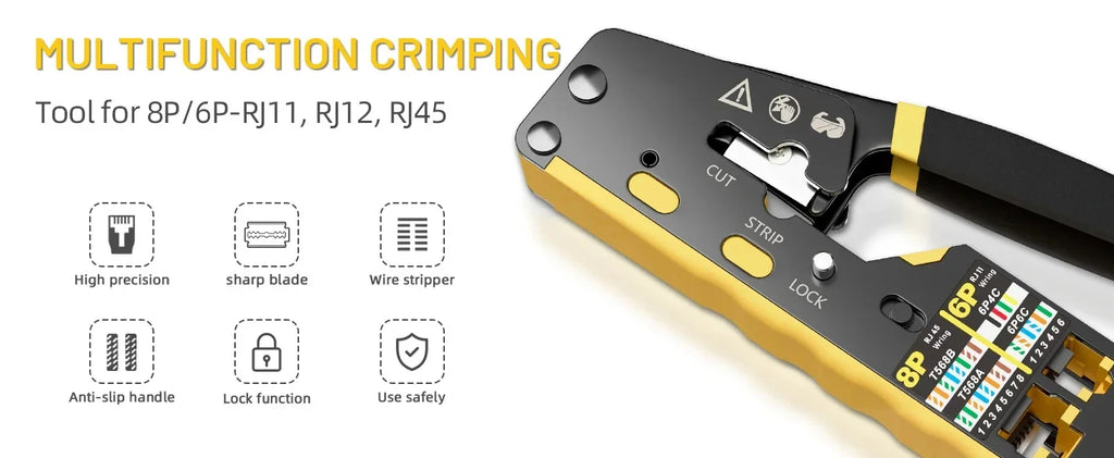 Kebidumei RJ45 Crimp Plier Pass Through Ethernet Modular Plug Crimping Tool for Cat6 Cat5/5e RJ45 Connectors 8P6P RJ11 Connector