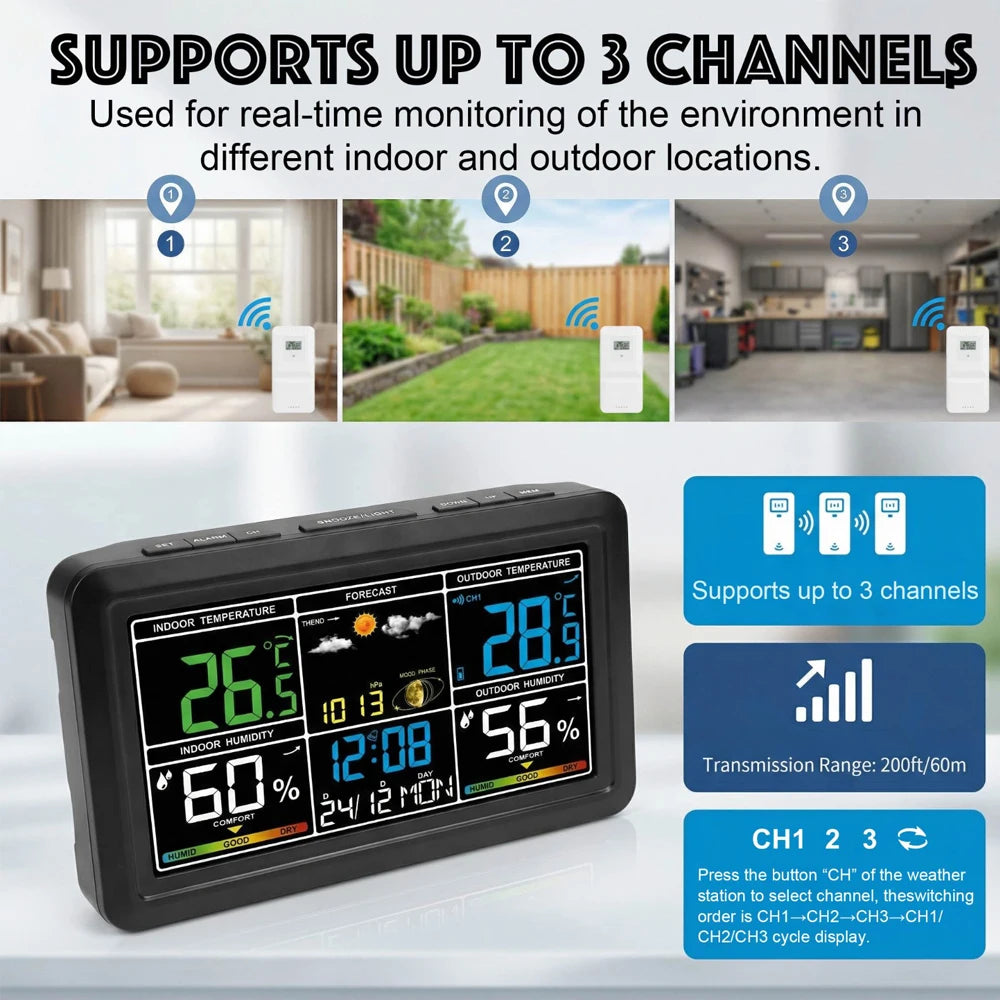 7.5 Inch Color Display Weather Clock with Indoor Outdoor Thermometer Hygrometer, Barometric Pressure , Alarm for Home Office