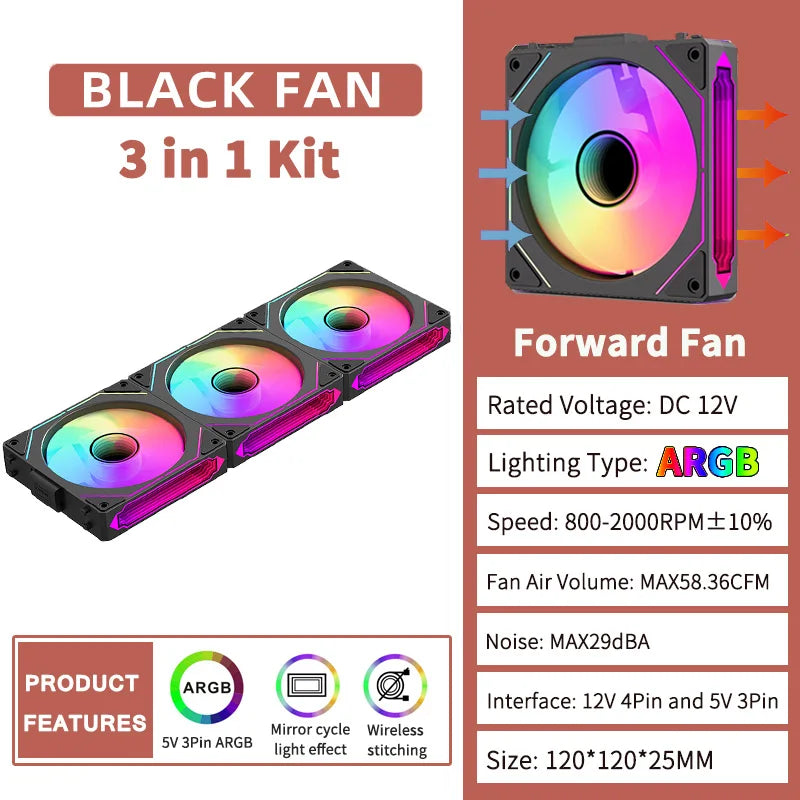 Coolcirc ARGB Infinity Mirror PC Case Fan - 3-Pack 120mm Free Wire-Splicing Cooling Fan with PWM Silent Fan for Computer Case