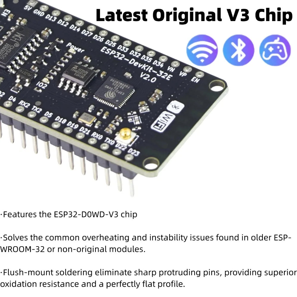 Upgraded ESP32 Development Board with USB-C Port, Equipped ESP32-D0WD-V3 Chip and 4MB Flash, 2.4GHz WiFi + BLE & Classic Bluetoo