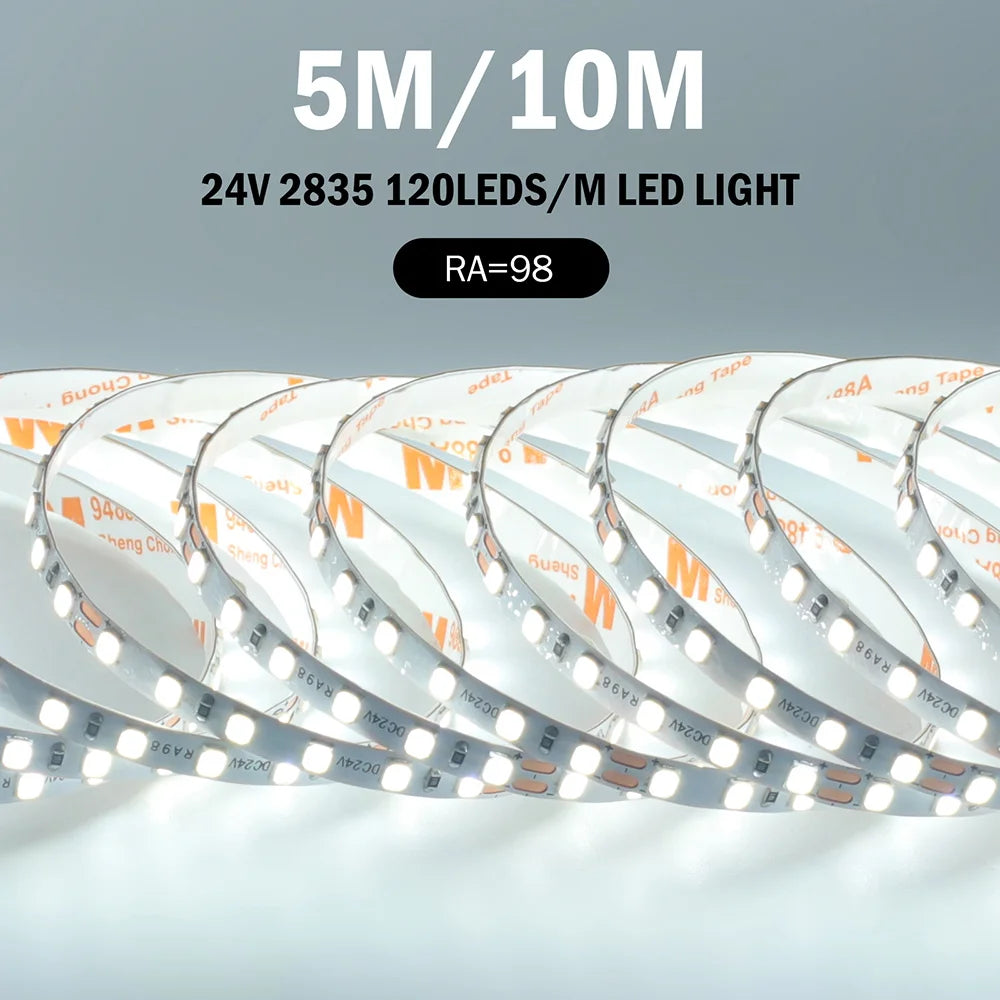 5mm 8mm Led Strip Light RA98 10mm PCB 2700K 3000K 3500K 4000K 5000K 6000K 5m 10m 24V 2835 120 240 LEDs Flexible Tape Lighting