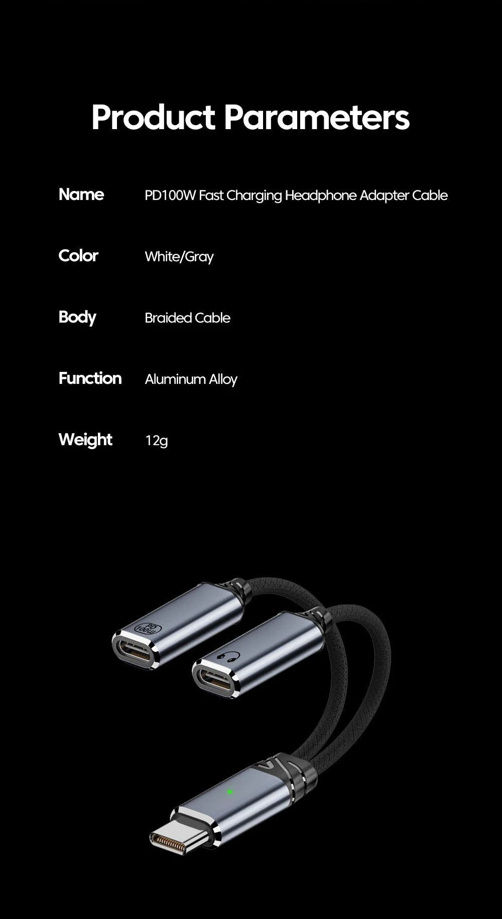 100W PD Fast Charger Cable 2 in 1 USB C Splitter Type USB C Headphones Jack Audio Adapter For Samsung iPhone 16 15 Huawei Xiaomi