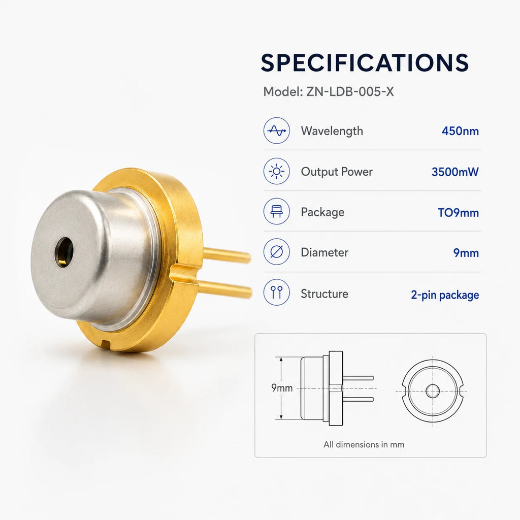 ZN-LDB-005-X 450nm 3500mW Blue Laser Module TO-9 9mm Diode Light Source for DIY Optical Sensor Projects