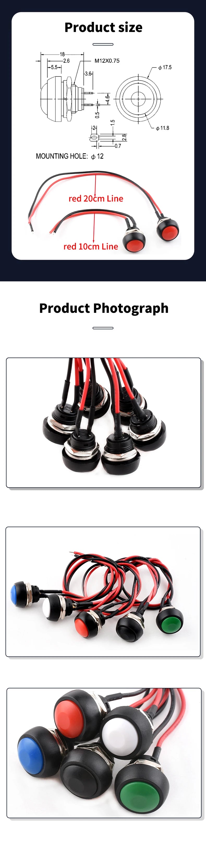 12mm Waterproof Momentary Push Button Switch PBS-33B Mini Round ON/Off Switch With Pre-wired Leads Self-Reset for Arduino DIY