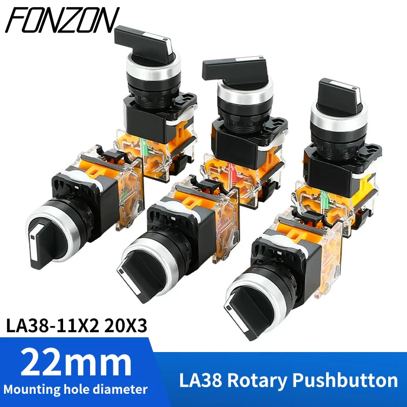 22mm LA38-11X2 20X3 Selector Switch 1NO1NC/2NO/2NC 2/3 gear Rotary Switches Knob Switch Self-lock/Self-reset Momentary Latching
