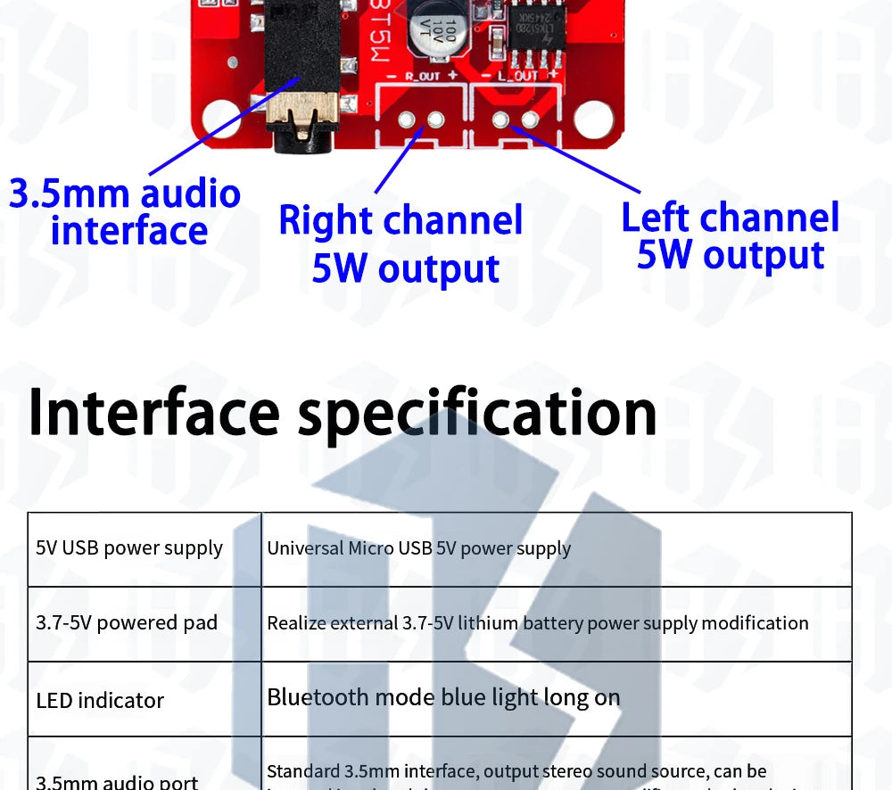‌XY-BT5W Bluetooth 4.2 Audio Module - 3.7-5VDC 5W×2 Stereo Amplifier Board w/A2DP & Auto Pairing for Portable