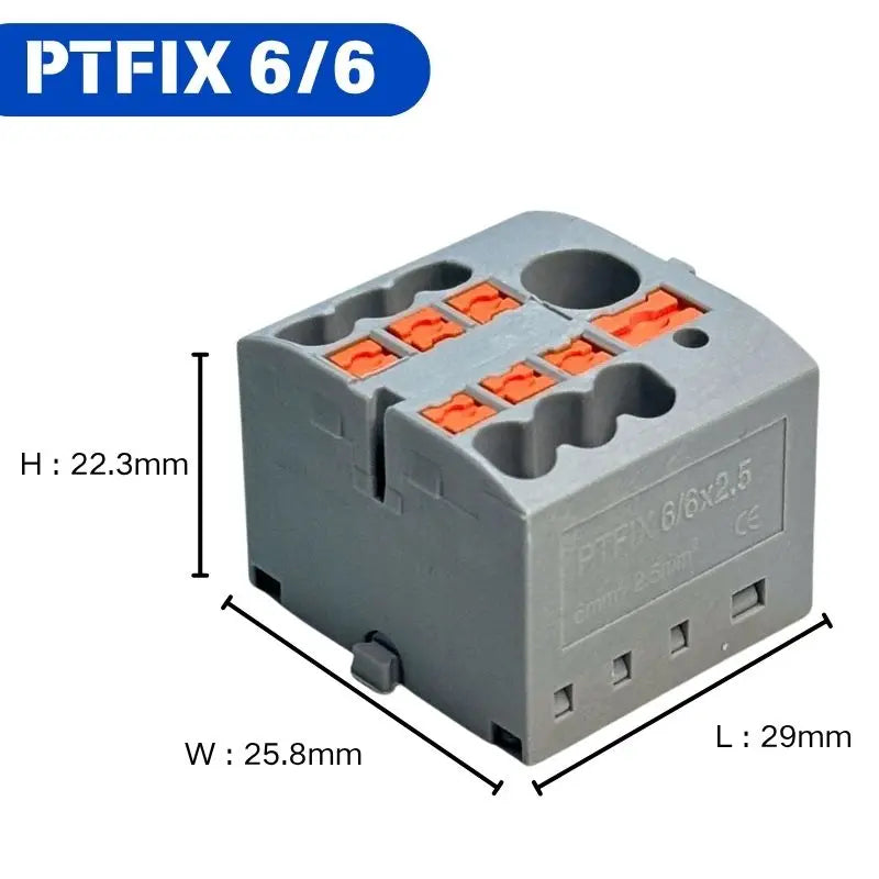PTFIX 6/6 2.5mm Feed‑Through Terminal Block, 1‑In 6‑Out DIN Rail Mount Wire Distributor for Solid and Stranded Wires Connector