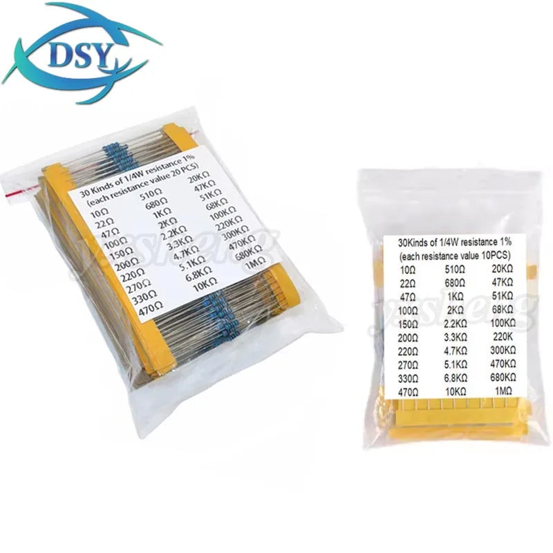 600pcs/set 30 Kinds 1/4W Resistance 1% Metal Film Resistor DSSUPPLY Pack Assorted Kit 1K 10K 100K 220ohm 1M Resistors 300pcs/set