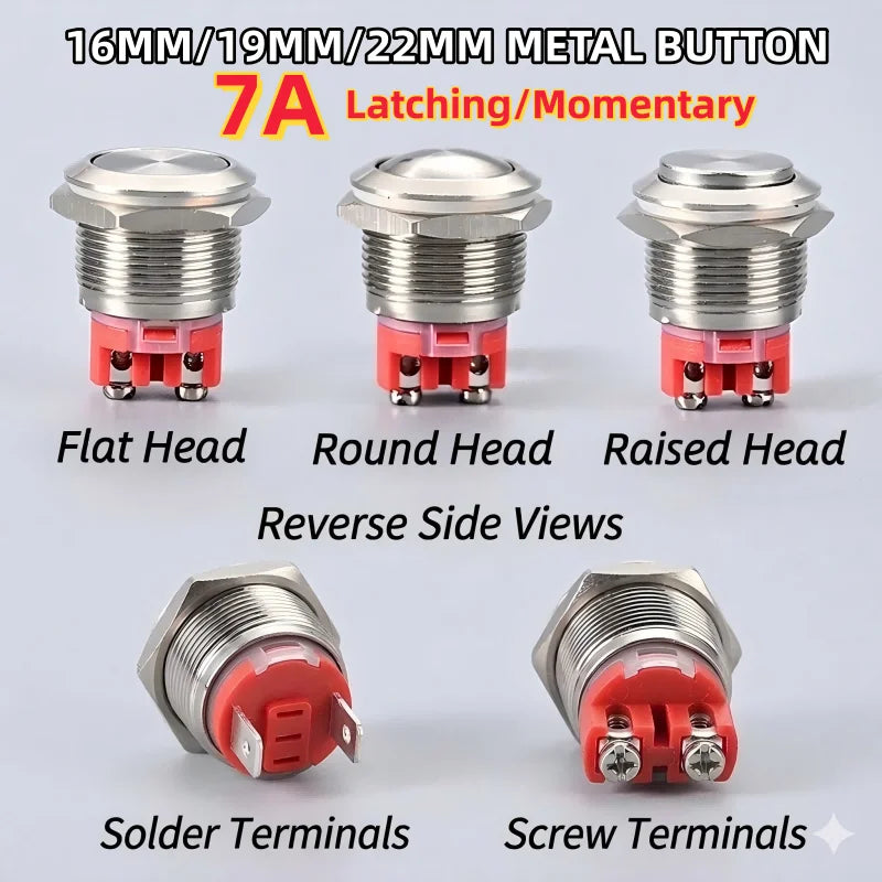 Push Button Switch Metal Screw Terminal Soldering 16/19/22mm Short 7A Latching Self-Locking/Reset LED Light 6/12/24/110/230V