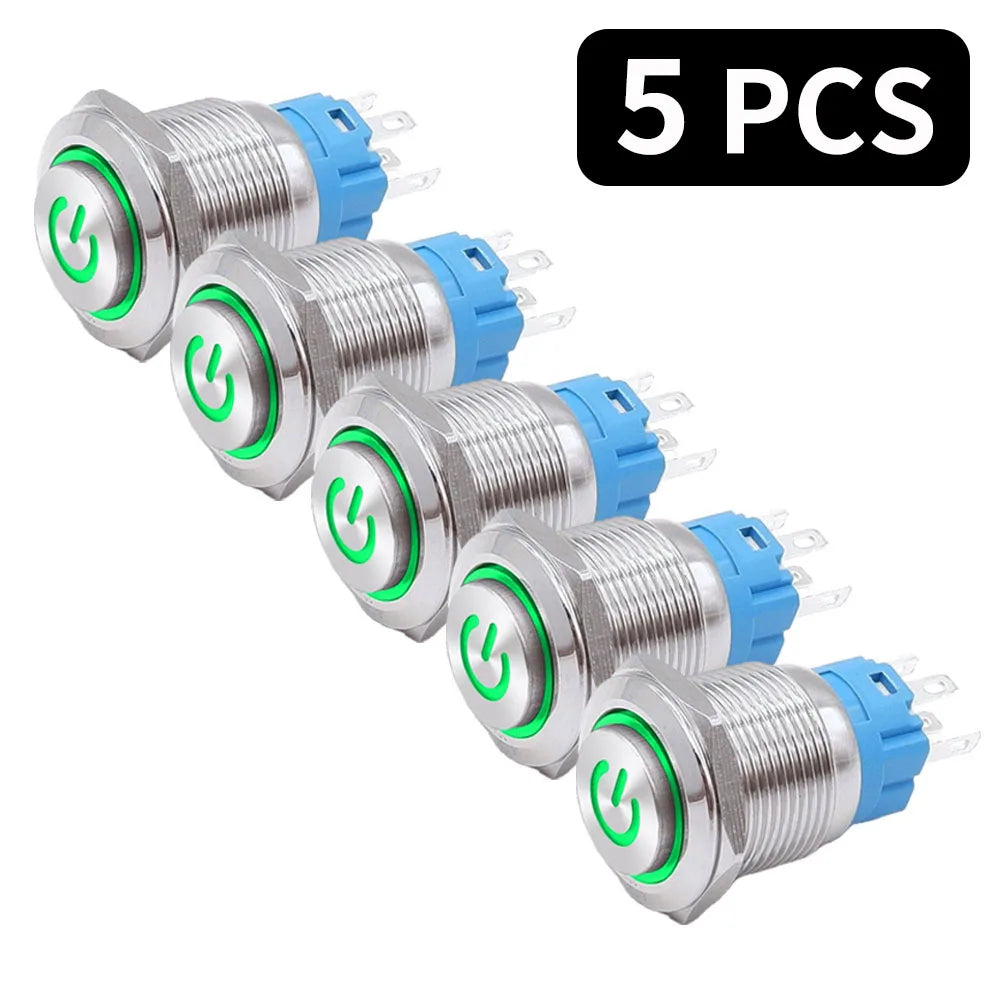 5 PCS 16mm 19mm 22mm Metal Push Button Switch 12v Ring Power Buttons Waterproof LED Light Self-lock Self-reset 220V High Head