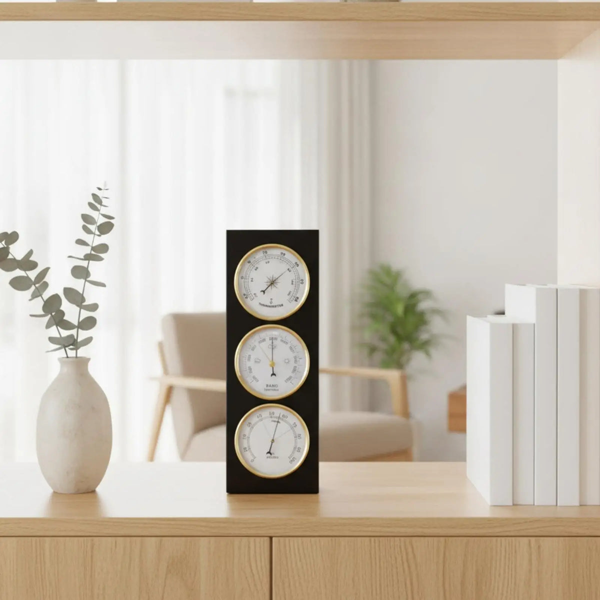 Triple Dial Wall Mounted Barometer Wooden Base Analog Weather Station for Home Office Gift Idea