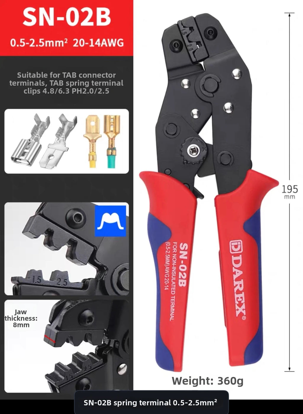 Darex DuPont Spring Terminal Automotive Wiring Harness Power SN Cold-Press Terminal Wire Crimping Pliers