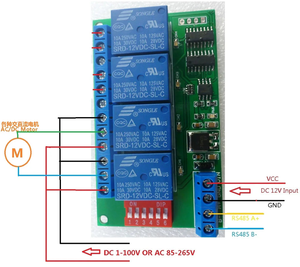 4 Channel DC 12V RS485 Relay Module Modbus RTU & AT Command Remote Control Switch for PLC PTZ Camera Security Monitoring