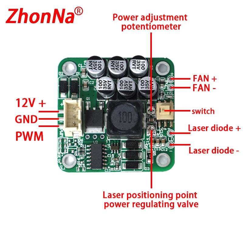 Laser  Diode LD  Driver Board with TTL/PWM Modulation Current 1A - 5A 12V Voltage Current Adjustable 405nm 445nm 450nm Universal