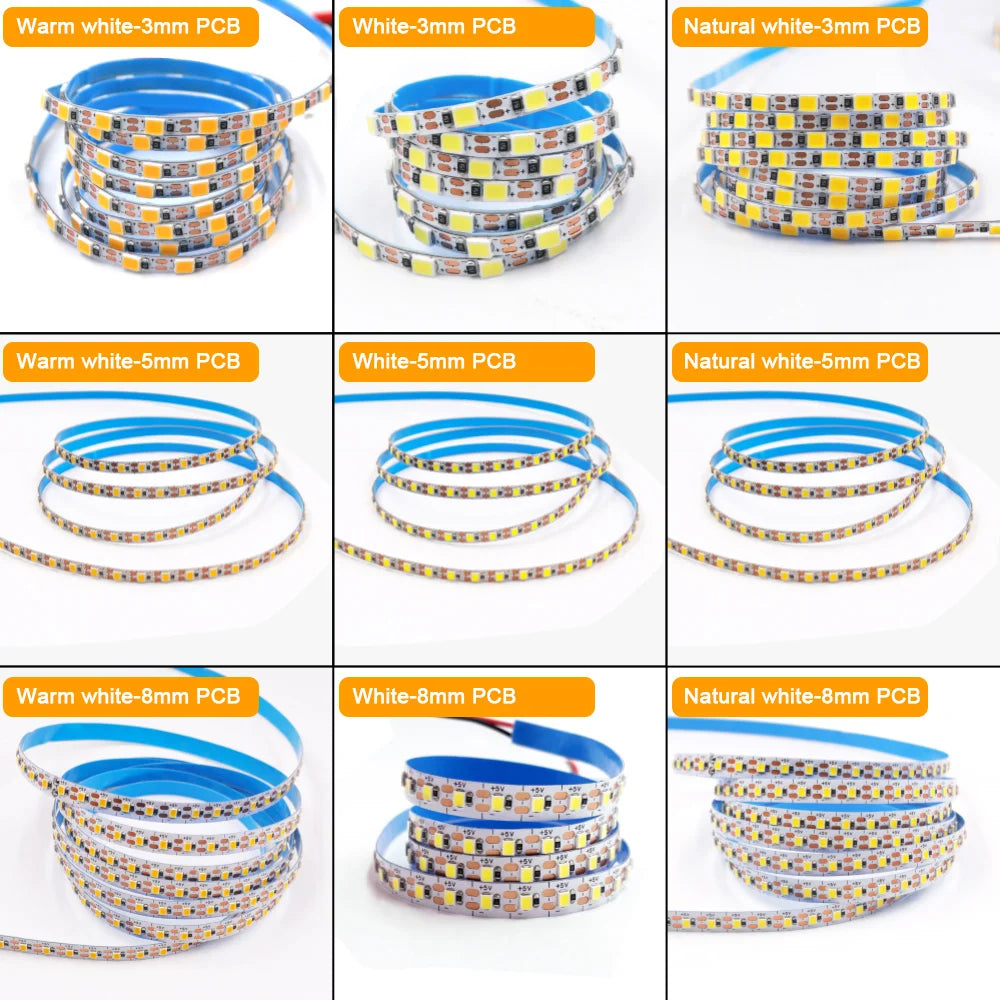3mm 5mm PCB LED Strip Light Ultra Thin 1 LED Cut 5V 2835 120LEDs/m 8mm Flexible Tape DC IP21 Not Waterproof Warm Natural White