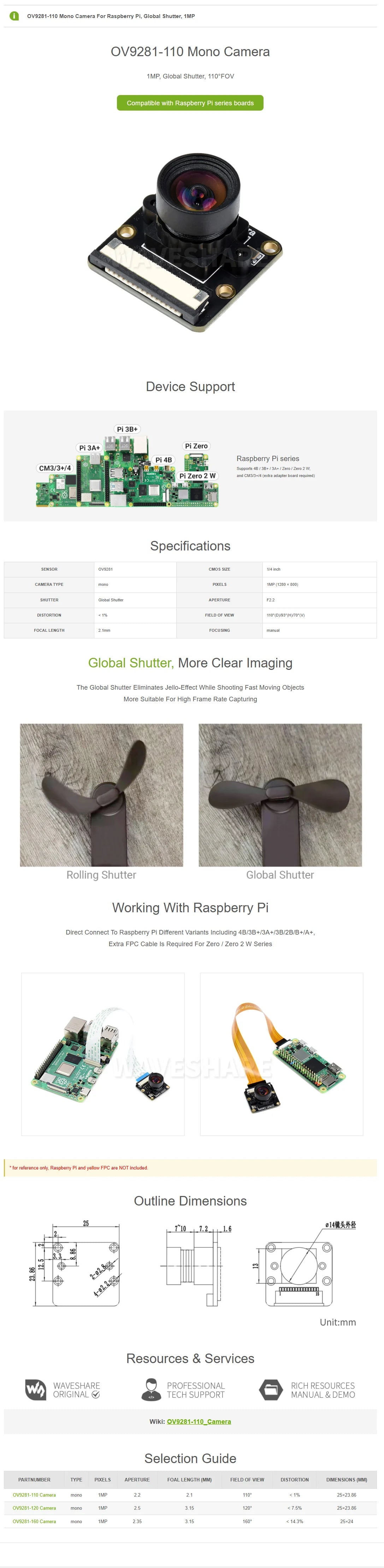 Waveshare OV9281-110 Mono Camera for Raspberry Pi, Global Shutter, 1MP