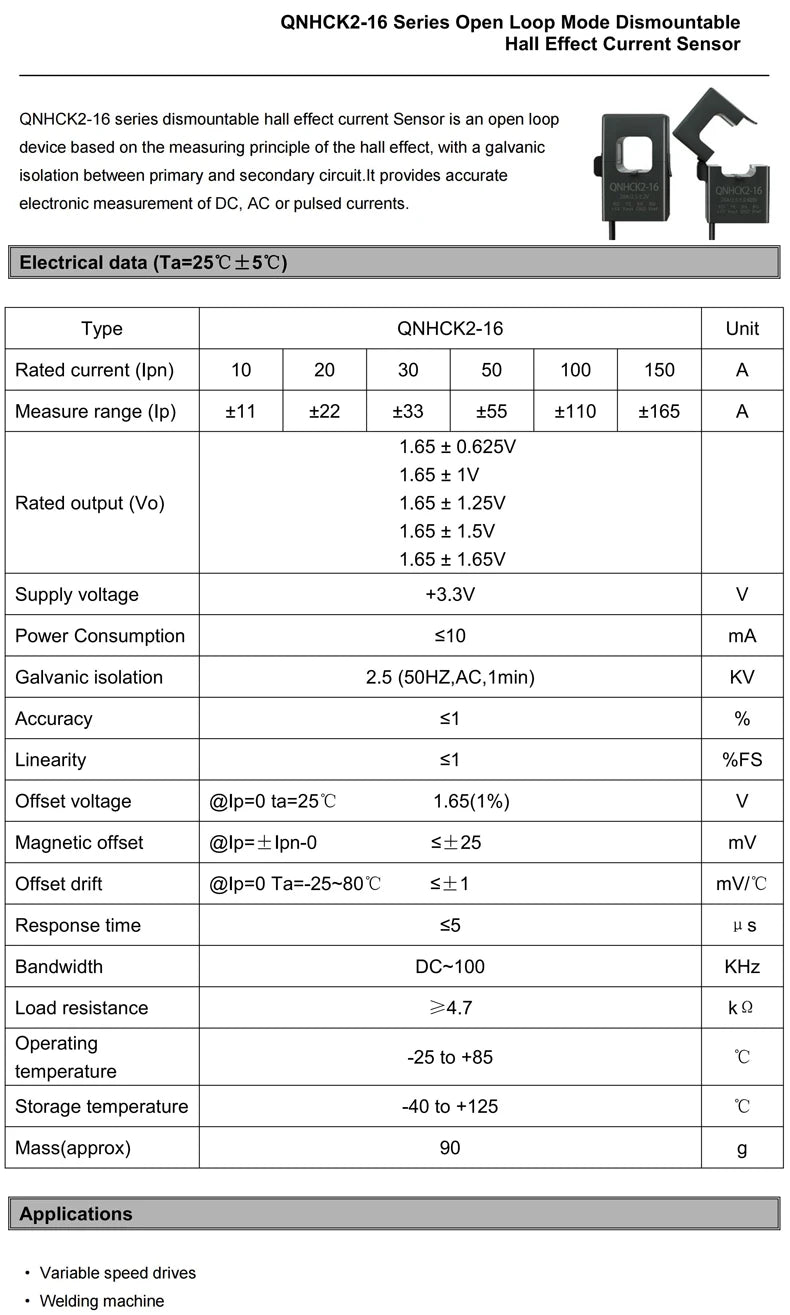 Hall Current Sensor QNHCK2-16 10A 20A 50A 100A 2.5±2V 2.5V 0.625V DC Split Current Transformer Clamp CT Current Transducer