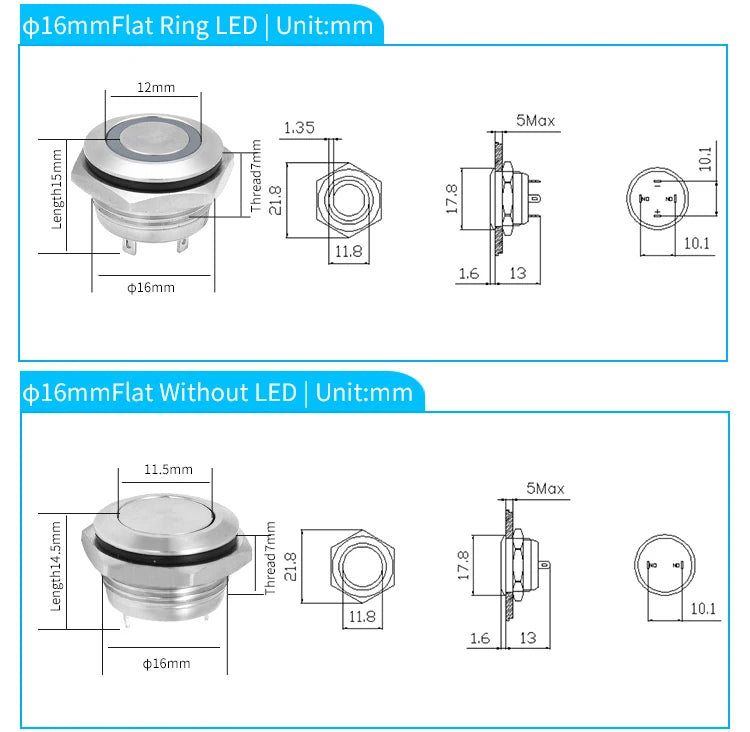 12mm 16mm 19mm 22mm Ultra-short Style Microtravel Stainless Steel Push Button Switch Led Lamp Self-reset/Momentary Normal Open