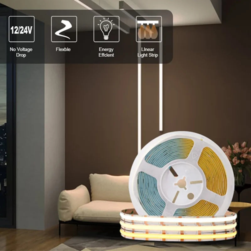 12V 24V DC CCT COB LED Strip Light 2700K to 6500K Color-Changing LED Tape Linear Double Color RA90 Dimmable Ribbon 5mm 8mm Width