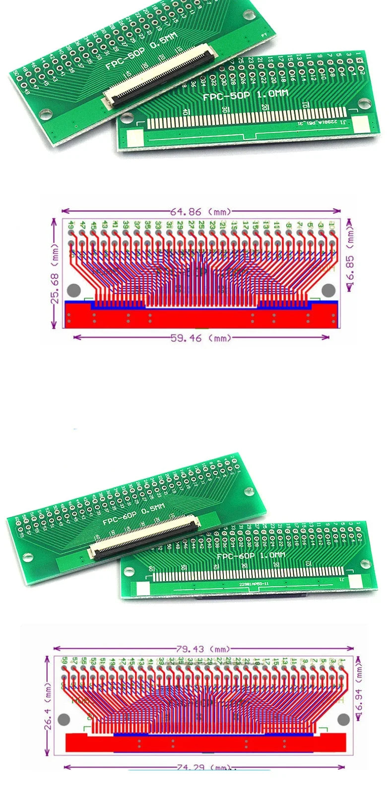 1Pcs FPC/FFC Adapter Board 0.5/1.0mm to 2.54mm Soldered Connector 4/5/6/8/10/12/14/16/20/26/3040/45/50/60 Pin