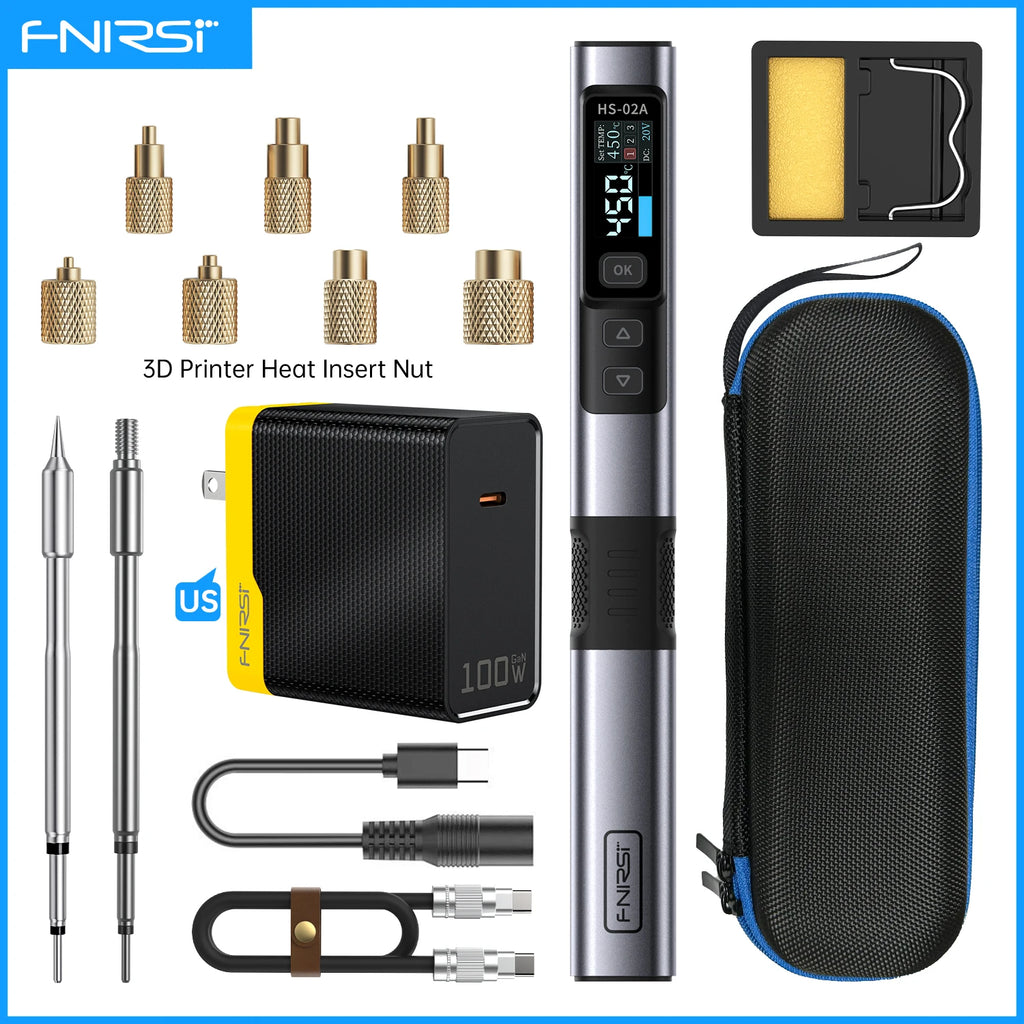 FNIRSI HS-02A Soldering Iron with Heat Insert Nut Tool Kit M2-M8 Embedded Internal Thread Nut and C245 Iron Tip for 3D Printer