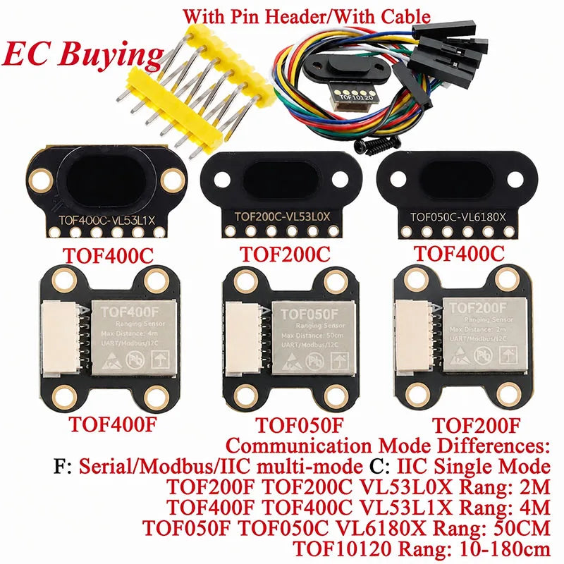 5Pcs/1pc VL6180/VL53L0X/VL53L1X TOF10120 Time of Flight ToF Laser Ranging Sensor TOF050F TOF050C TOF200C TOF400C 50CM/2M/4M IIC