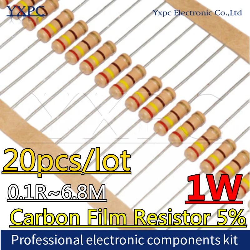 100pcs 1W Carbon Film Resistor 0.1R~6.8M 5% 1R 10R 100R 220R 330R 470R 1K 2.2K 4.7K 10K 22K 47K 100K 1M 10R 100 220 330 470 ohm