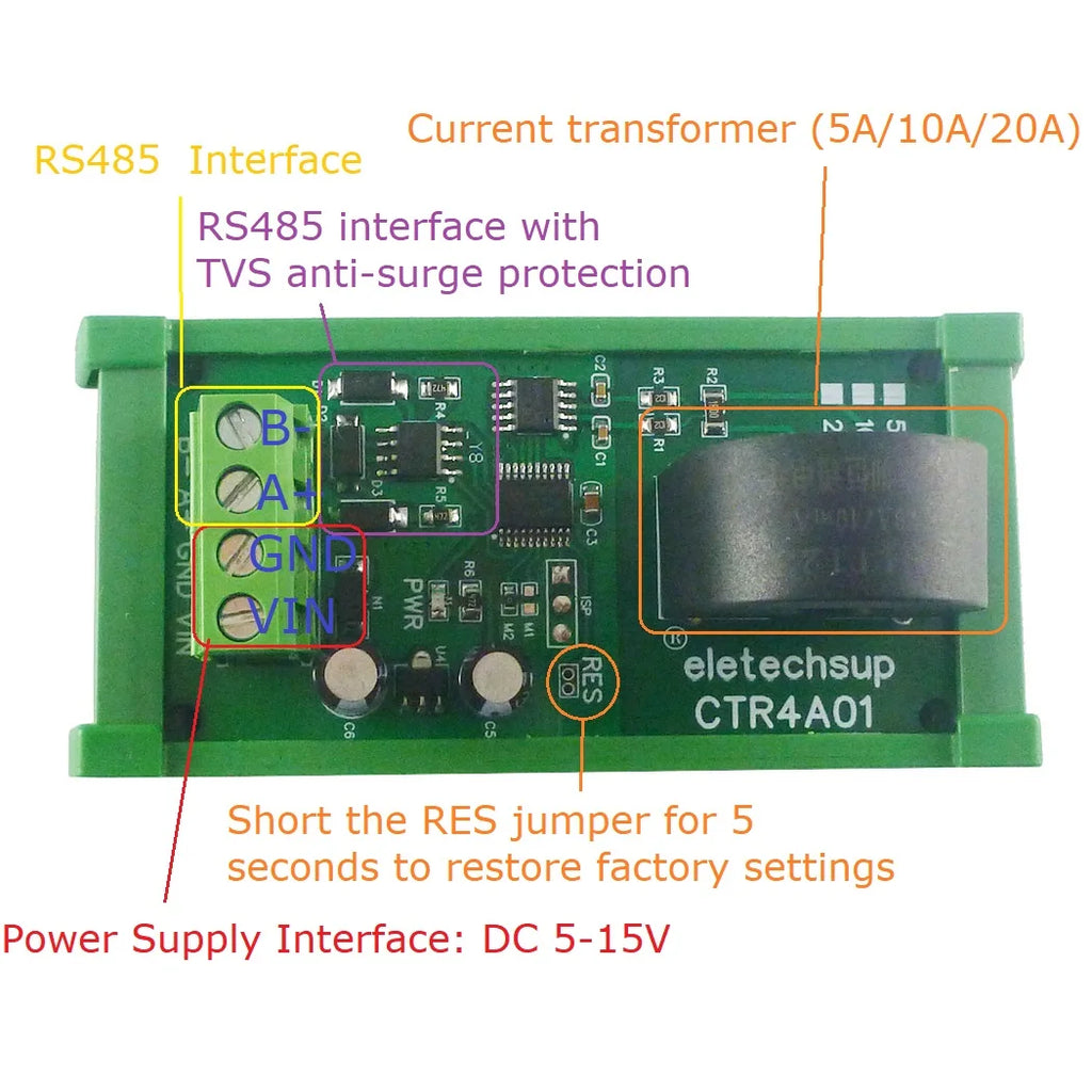 5A/10A/20A 110 220V 50HZ/60HZ RS485 Current Collector Ammeter MODBUS PLC Current Analog Acquisition AC Transformer Meter Module