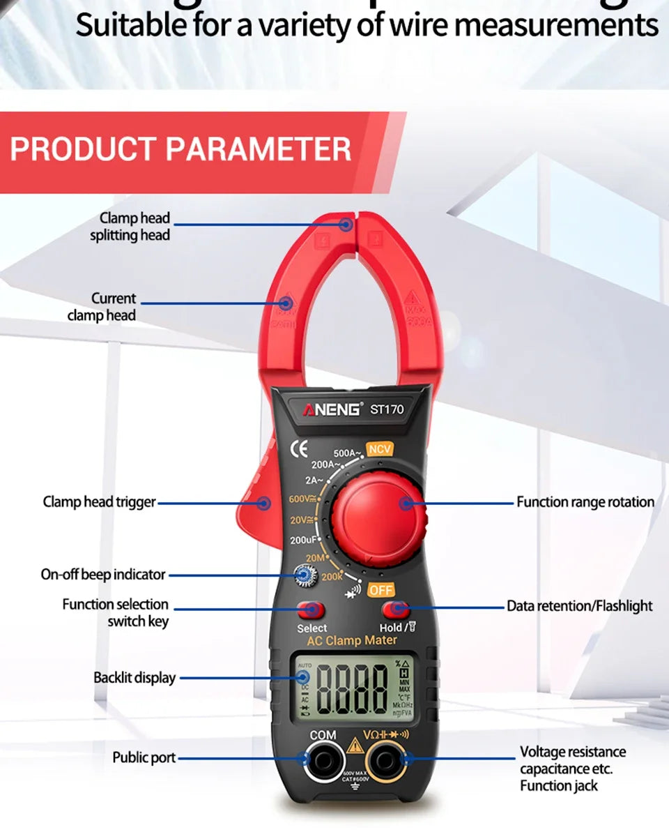 ANENG ST170 Clamp Meter Digital Multimeter Tester 500A AC Current AC/DC Voltage+B18 Highlight Voltage Tester Pen Electrician Set