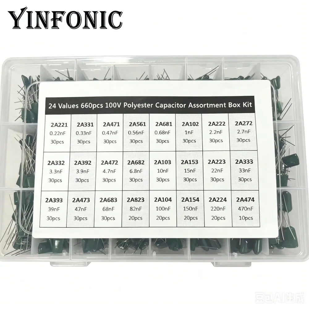 24Value 660pcs Mylar capacitor kit 100V 2A221J to 2A474J 10nF 100nF 0.1uF 1uF Polyester Film capacitor Assorted Kit