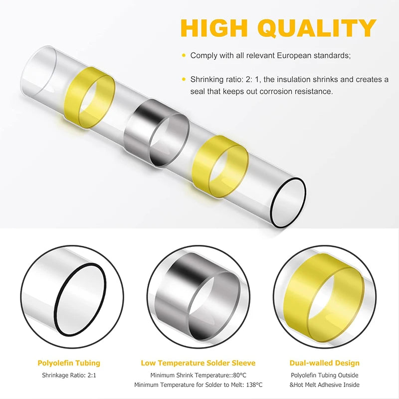 50/100/120/150/200/250PCS Solder Seal Wire Connectors Heat Shrink Butt Connectors, Waterproof Insulated Electrical Wire Terminal