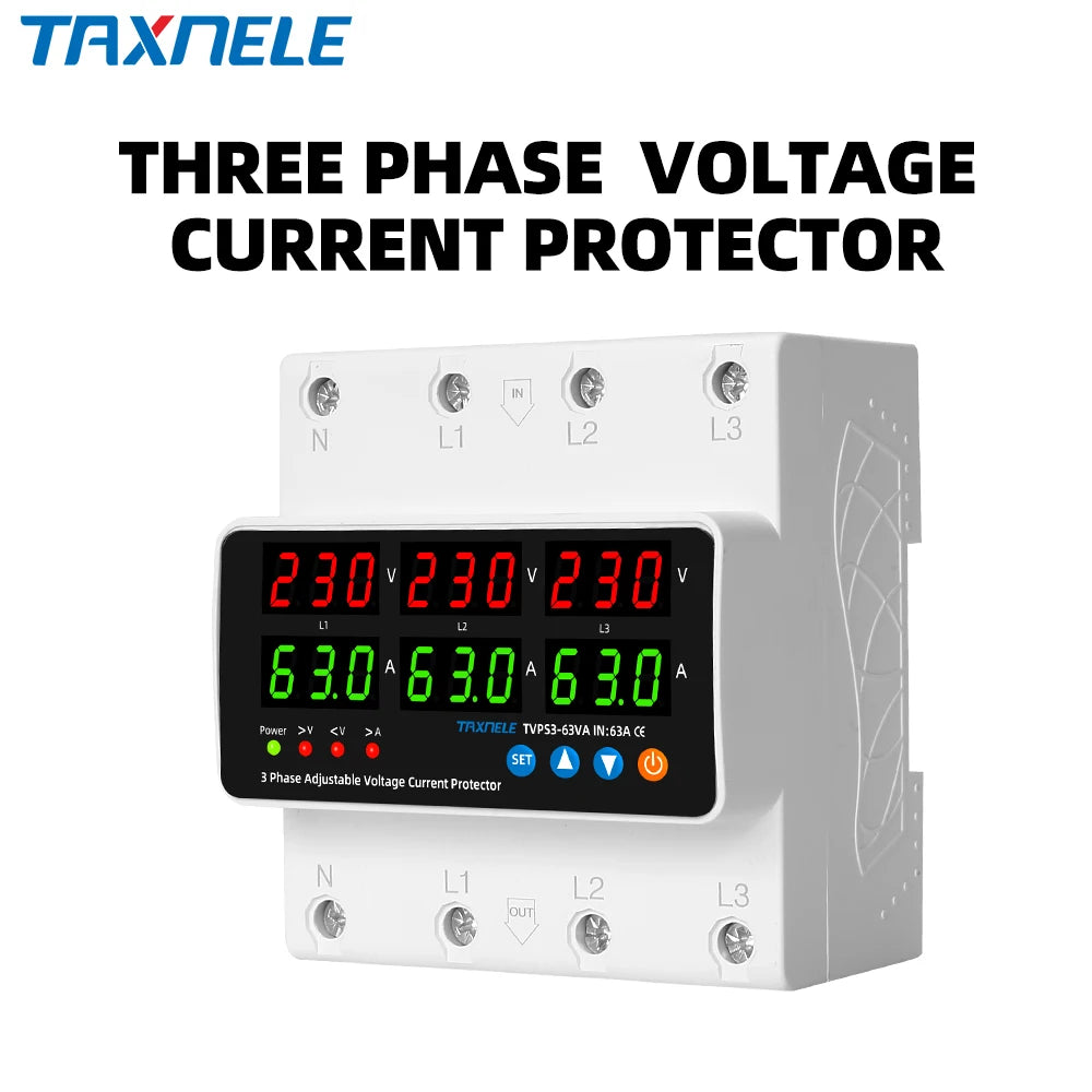 3 Phase Din Rail Voltmeter Ammeter Adjustable Over Under Voltage Current Limit Protection Monitor Relays Protector 63A 100A