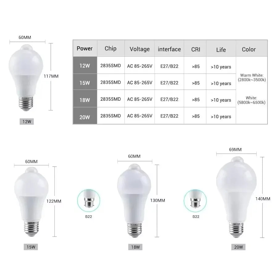 E27 B22 Motion Sensor LED Light Bulb PIR Motion Activated Dusk to Dawn Indoor Outdoor LED Light Bulb For Garage Front Door Porch