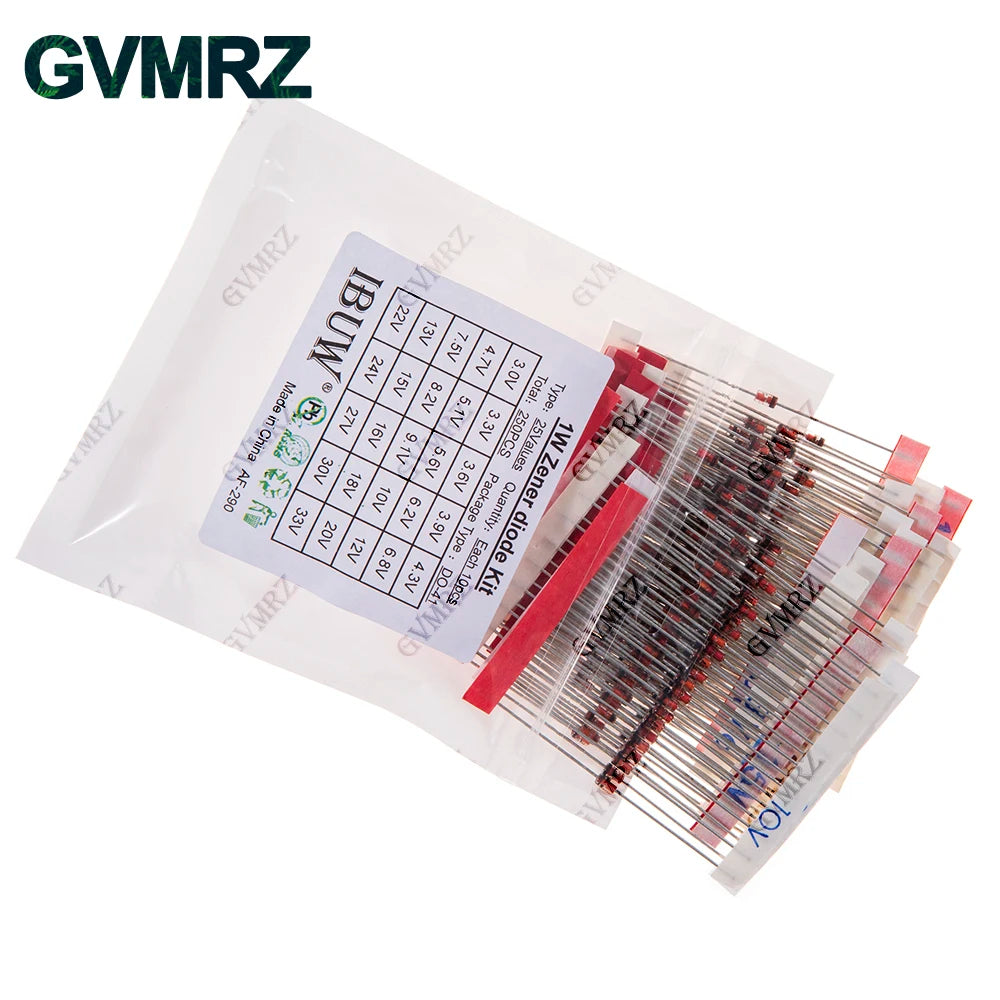 250PCS 25Values 1W Zener Diode Kit 3.0V-33V DO-41 for Voltage Regulation Electronic Projects