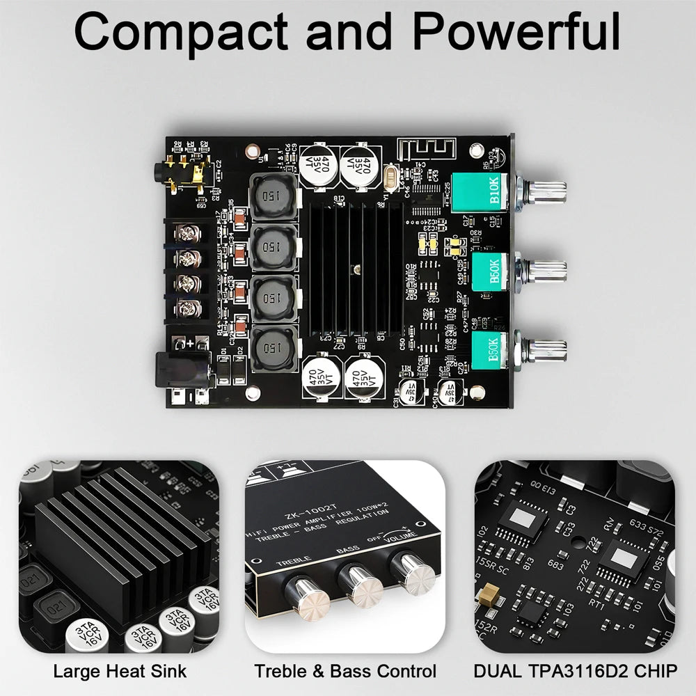 200W ZK-1002T 2.0 Channel HIFI Subwoofer Digital Power Amplifier AUX BT5.0 Audio Module Stereo Audio Amplifier for Home Woopker