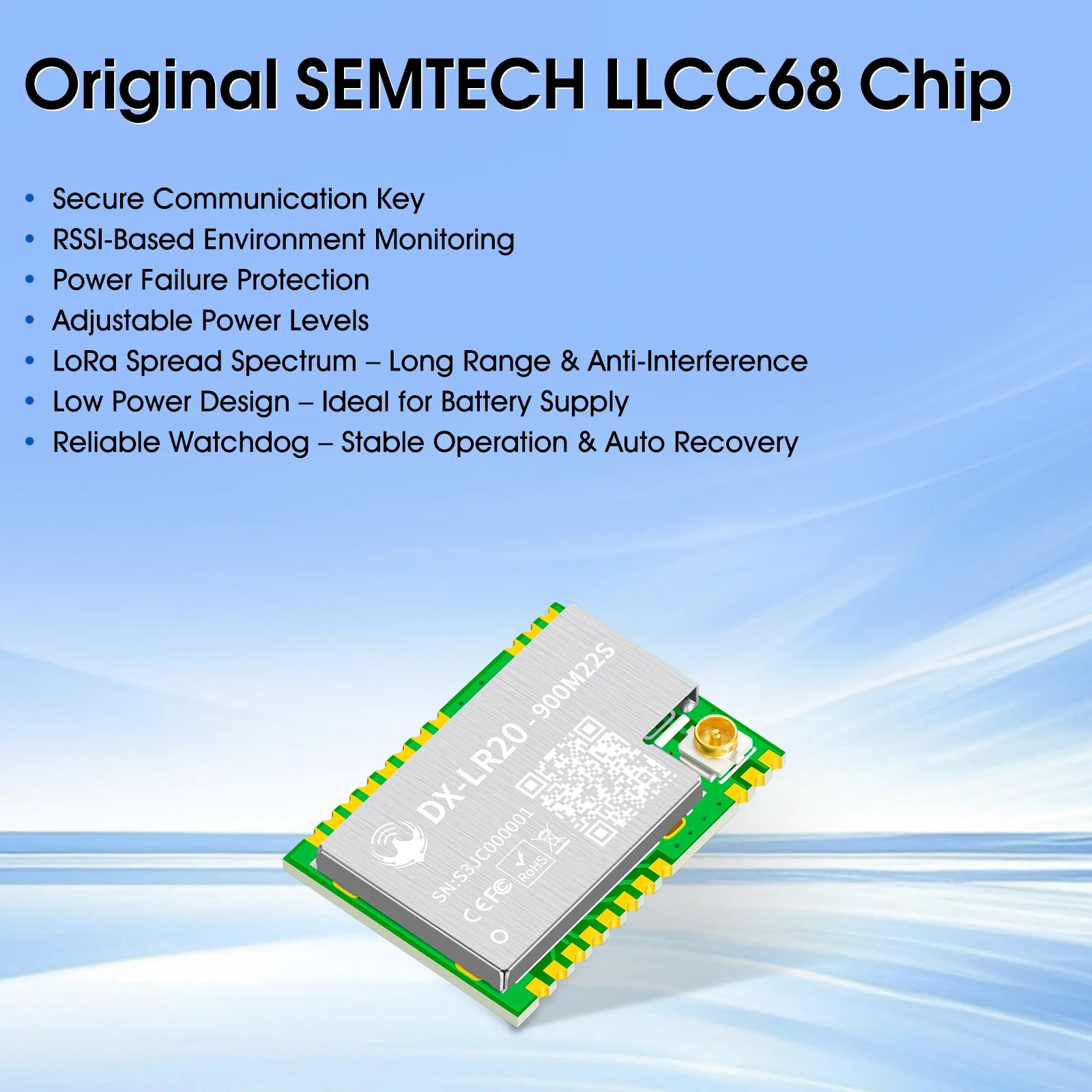 LLCC68 LoRa Wireless Module 868Mhz 915Mhz 433 475Mhz DX-LR20 22dBm 8KM Long Range SMD RF Module Power Supply