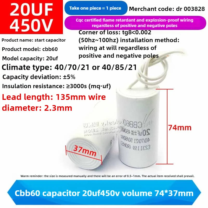 CBB60 Capacitor 450V AC Motor Run Capacitors 3/4/5/6/8/10/12/14/15/16/18/20/30/35/40/50/60/70UF for Washing Machine, Water Pump