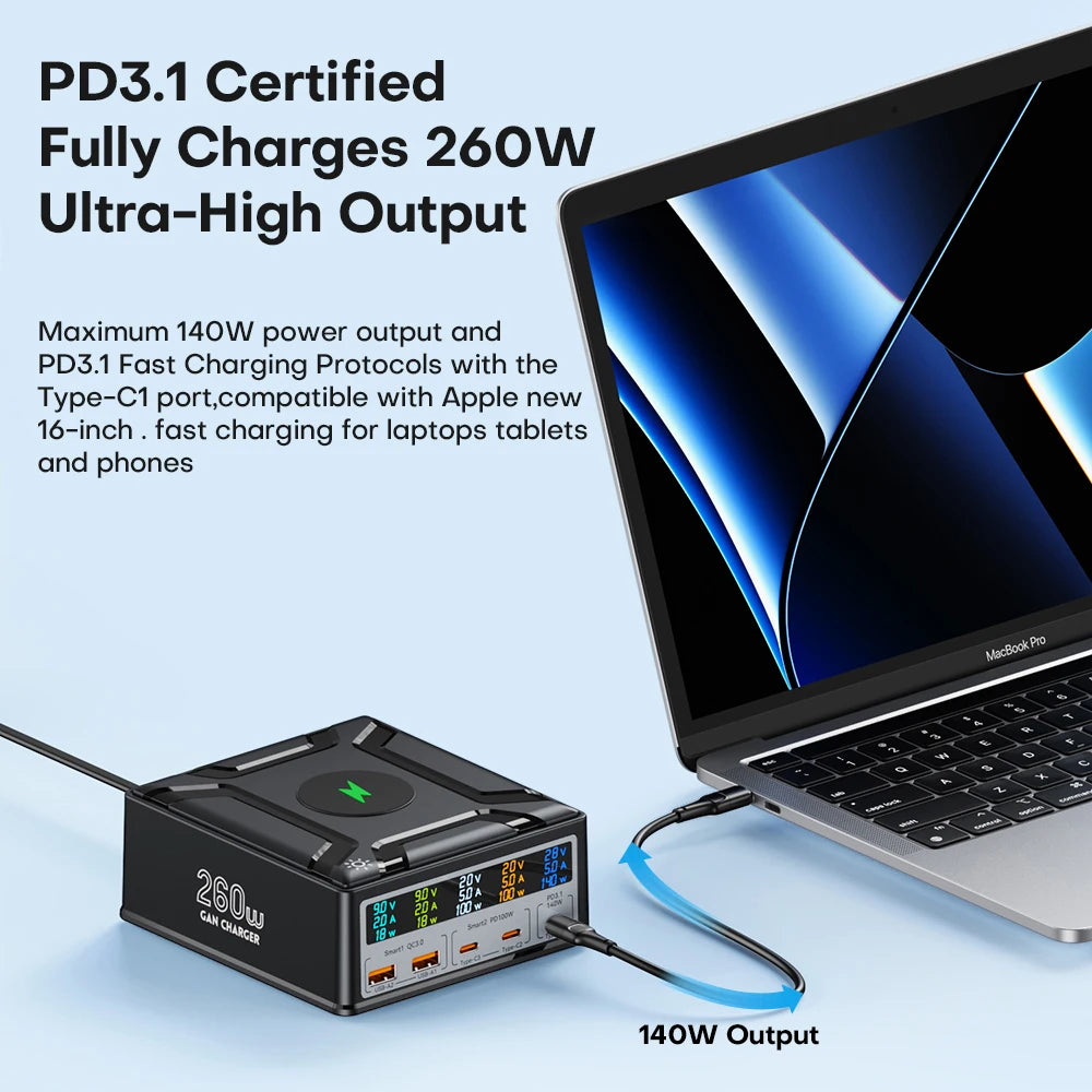 260W USB C GaN Charger, Desktop Wireless Charger PD3.1 140W 100W Fast Charging Station, Power for MacBook Pro iPhone 15 Samsung