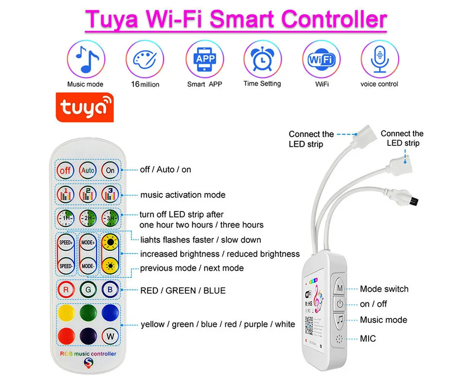 30M 12V WiFi Bluetooth RGB LED Strip Lights 5050 with Ac100-240V Adapter APP Control Music Sync Remote for Bedroom Kitchen Party