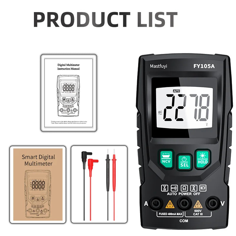 MASTFUYI Auto-Ranging Digital Multimeter High Precision 6000 Counts True RMS Tester Capacitance Ohm Hz Test Electrician Tools