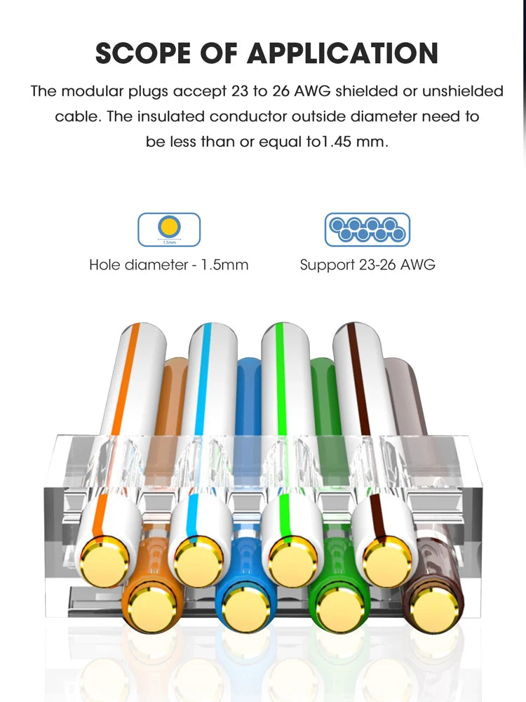 ZoeRax CAT8 CAT7 CAT6A Connector, Non-Pass Through RJ45 Connectors, 3-Prong 50μ Gold Plated with Strain Relief Boots