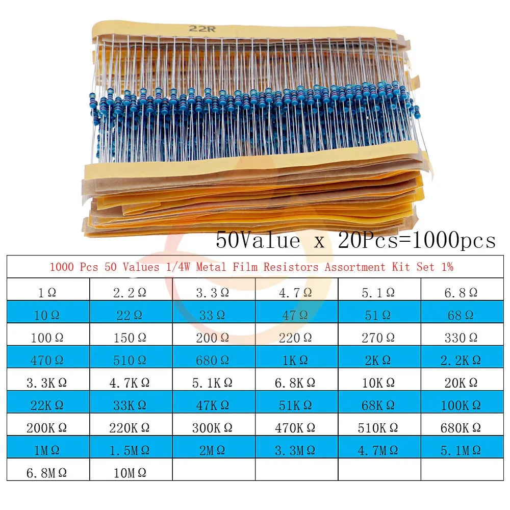 1/8W 1/4W 1/2W 1W 2W 3W 5W Metal Film Resistors Assortment Kit Set 1% 5 Color ring resistor pack