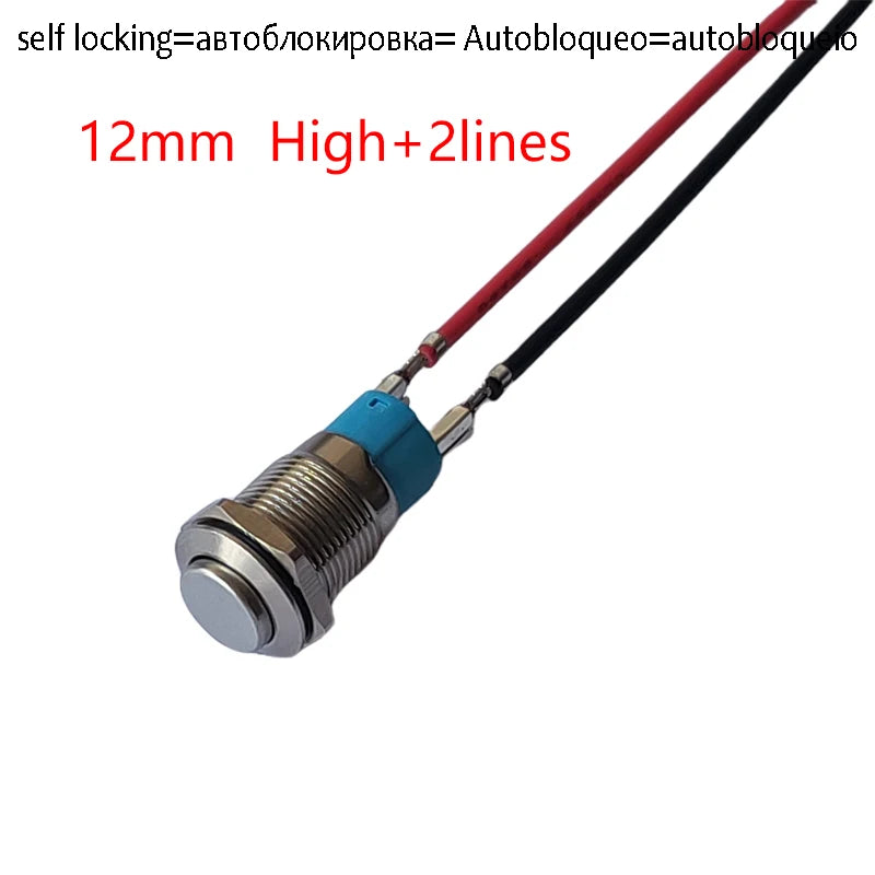 1PC 12mm 2Pin Metal Button Switch Fixed Latching No Light Waterproof Metal Push Button Self-locking Car Dashboard High Flat Head