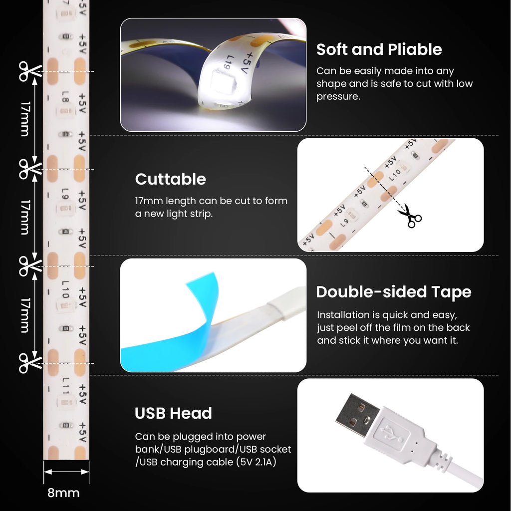 5V LED Strip Light USB Dimmer/Switch White Warm Blue Waterproof Adhesive Tape 2835 60LEDs Cabinet Room Night Lighting 1M 3M 5M