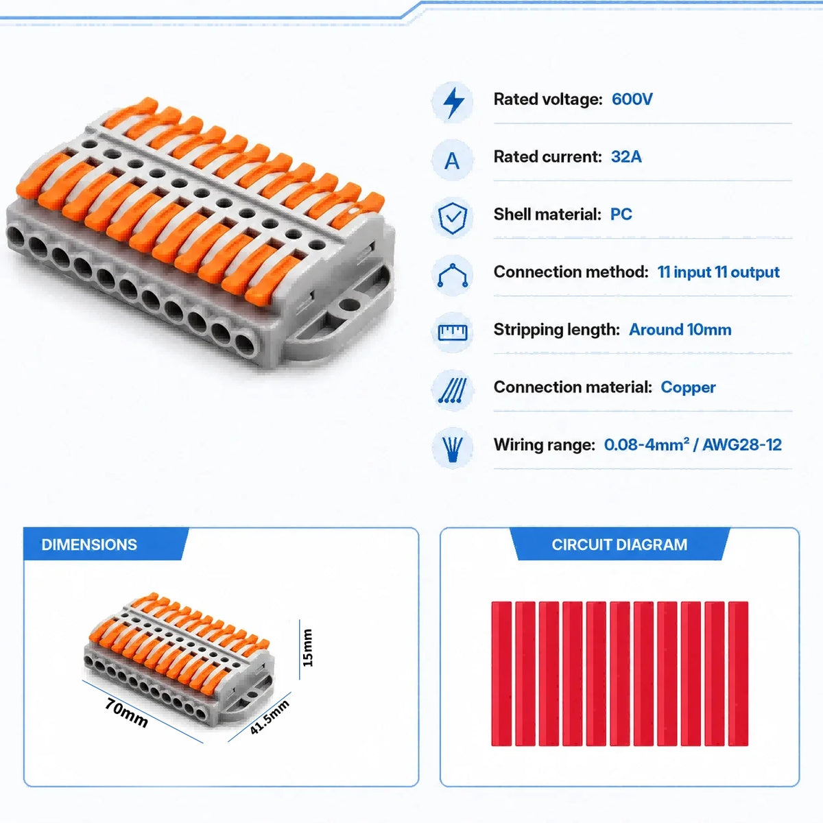 2P-30P Lever Electrical Wire Connector Terminal Block Electrical Cable Connectors Wire Terminals 1 In 1 Out Screw Mount 600V 32A