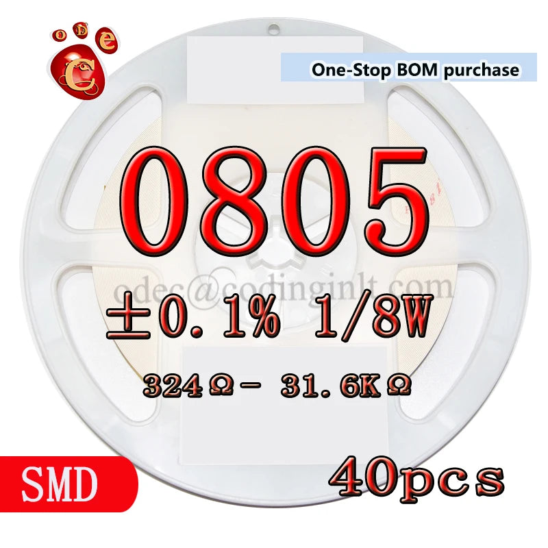 0805 0.1% 0.001 1/8W High precision Resistors 25PPM 324R~31.6KR 511R 680R 1K 3K 18K 5.11K millesimal thousandth ohm Ω 40pcs/lot