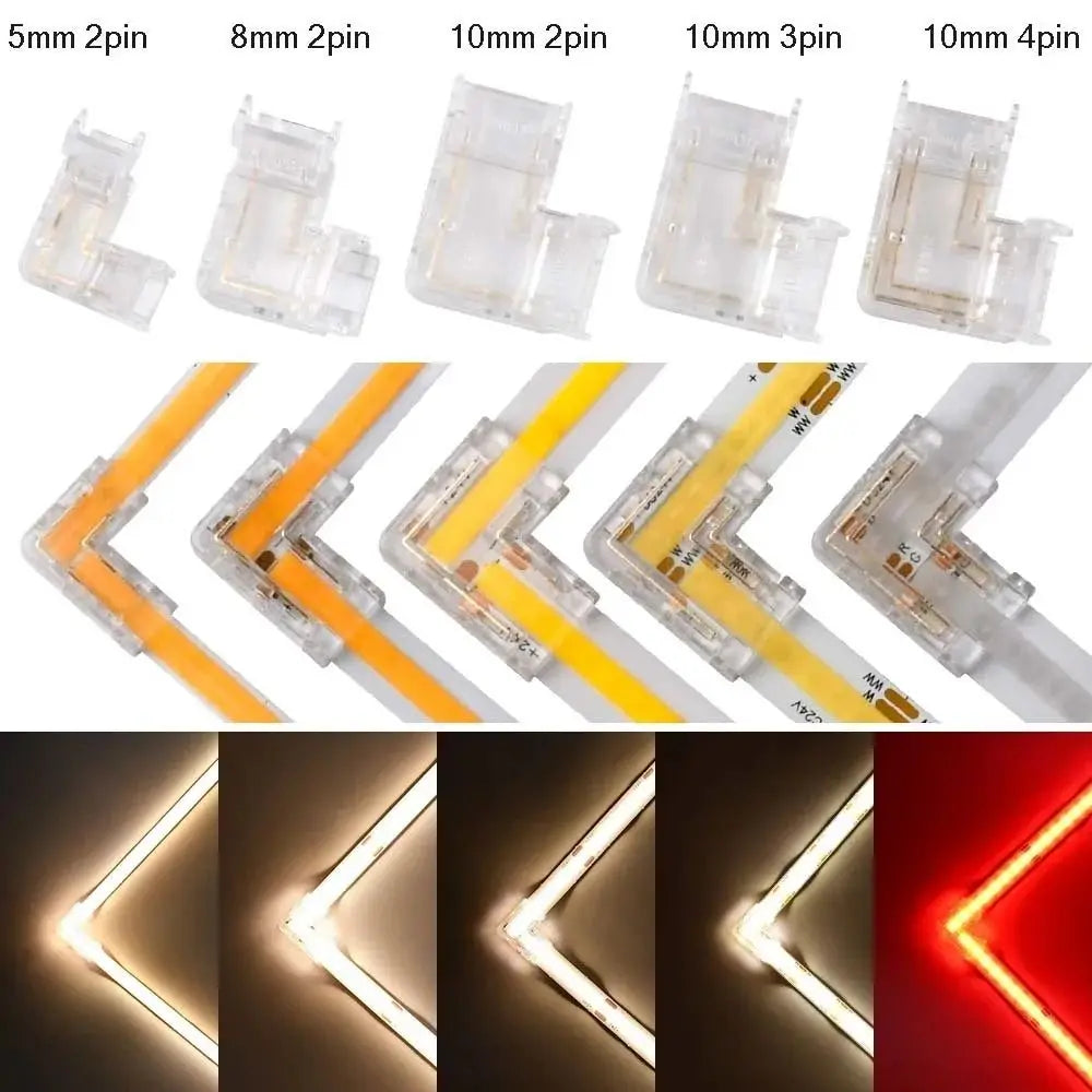 COB LED Connectors 90 Degree L Shape Corner 5/8/10mm Solderless For CCT FCOB RGB Strip Lights 2/3/4 Pin Connector Strip to Strip
