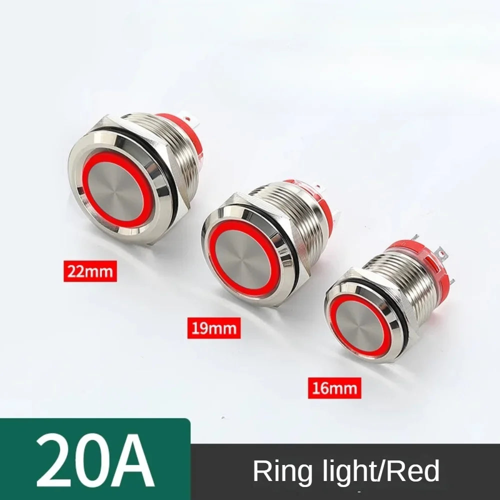 16/19/22mm 20A High Current Metal Push Button Switch IP67 Waterproof LED Light Momentary Latching Car Engine Power Switch Red